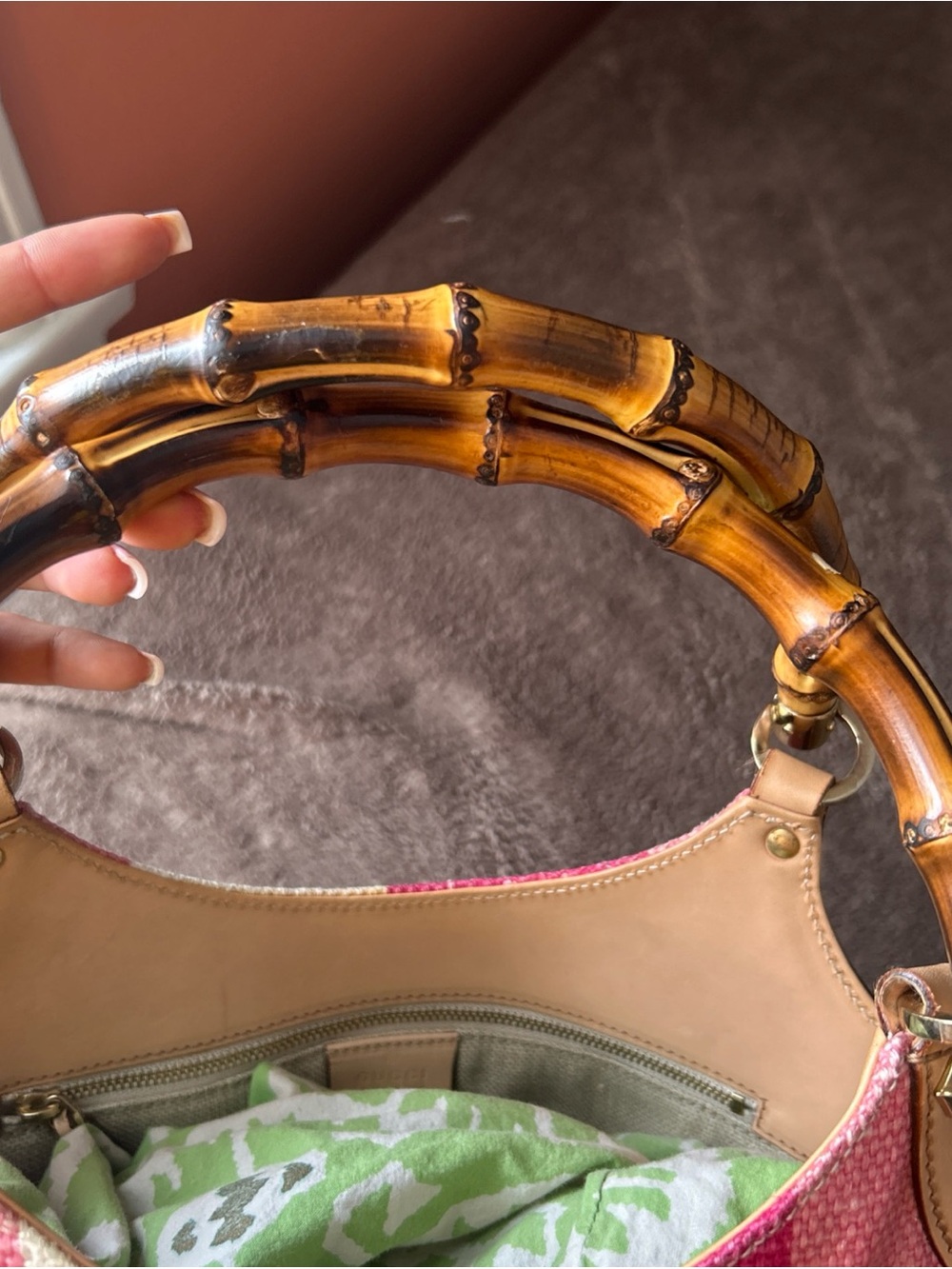 Vintage GUCCI Striped Pink & Green Bamboo-Handle Women's Handbag - Picture 6 of 6